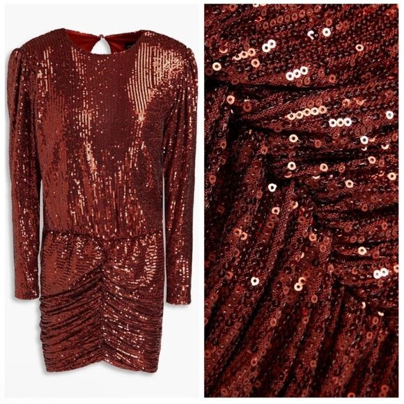 NEW Retrofete Flynn Long Sleeve Sequin Mini Dress Bronze Copper Size Large - Picture 2 of 8